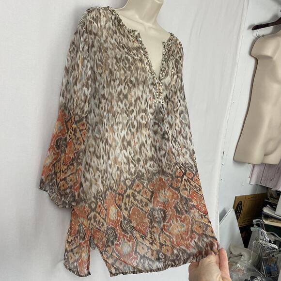 Chicos Tunic Top Size 3 Brown Orange Ikat Beaded Sequin Sheer Boho Artsy XL 1X - Picture 5 of 12